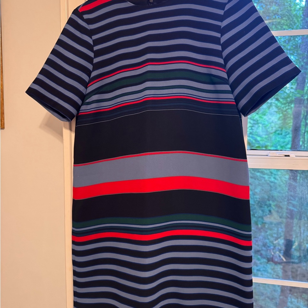 Zara Navy, Red & Gray Striped Short-Sleeve Midi Dress